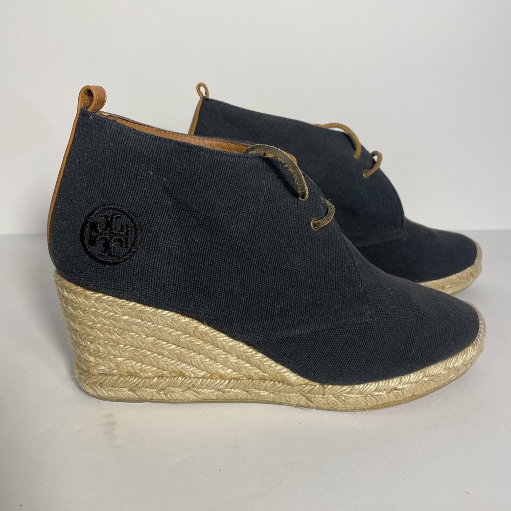 Tory Burch Black Canvas Espadrille Wedge Booties